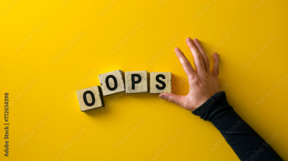 A hand hovers beside the word "OOPS" spelled out on a yellow background. - obrazy, fototapety, plakaty 