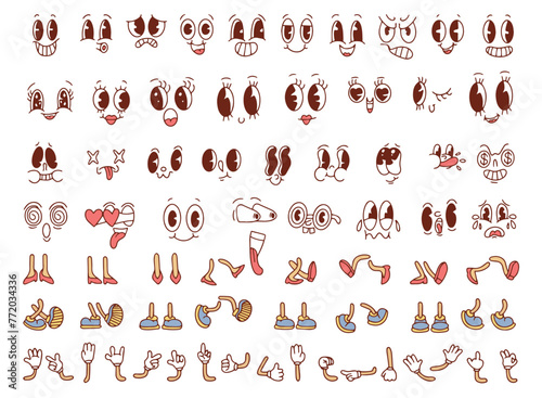 Vintage cartoon hands in gloves and feet in shoes.Comic hand gestures and walking legs vector set. Cute animated characters body parts. Set of retro cartoon mascot characters. 