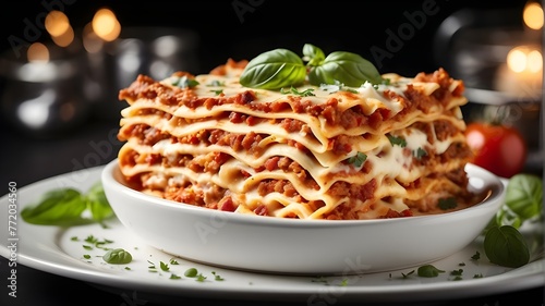 "Indulge in the tantalizing sight of a piping hot lasagna served in a pristine white bowl, garnished with a vibrant basil leaf. Layers of pasta, rich tomato sauce, savory meat, and creamy cheese meld 