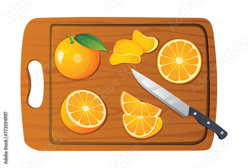 Fresh whole, half and cut slices orange fruit with knife on cutting board. Vector illustration isolated on white background