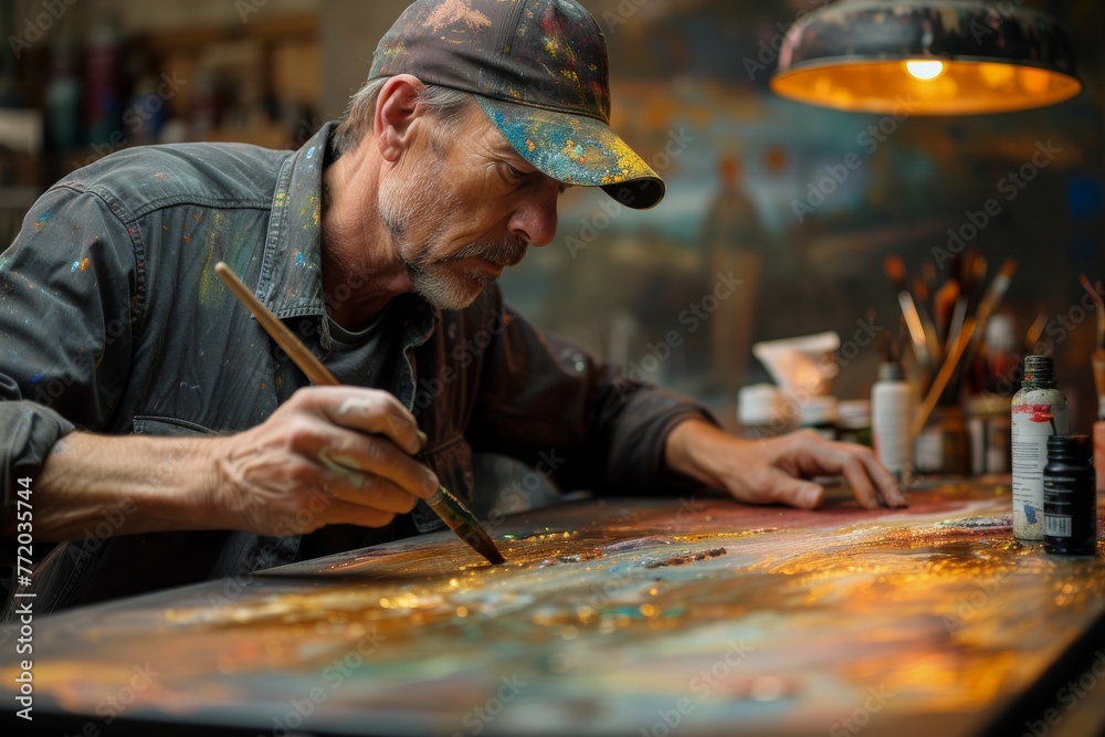 Obraz premium Detailed process of wood painting, focus on brush strokes and paint absorption, studio lighting