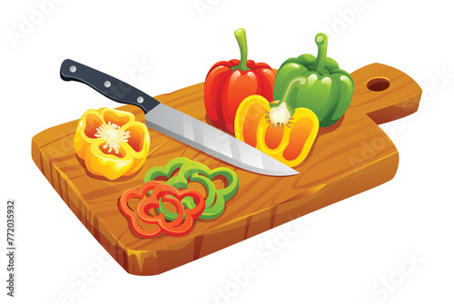 Sliced peppers with knife on wooden cutting board. Vector illustration isolated on white background © YG Studio
