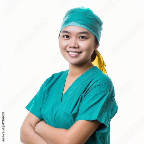 A Filipino nurse, in scrubs, smiling warmly, representing the invaluable contribution of Filipino professionals to global healthcare on white background. 