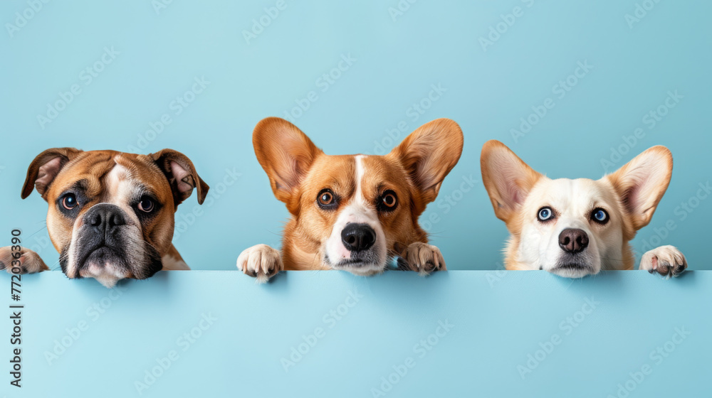 Three dogs of different breeds peek over a ledge with eager expressions and paws visible.