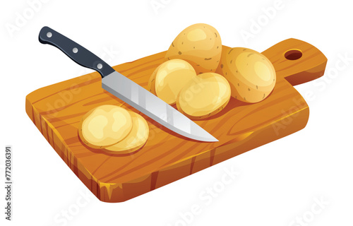 Sliced potatoes with knife on wooden cutting board. Vector illustration isolated on white background