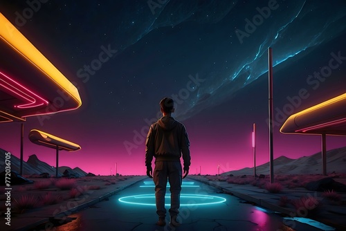 Neon Odyssey.A man stands at the threshold of a neon-lit path under a twilight sky, perfect for conveying exploration in sci-fi settings and futuristic adventure.