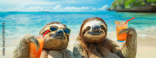 two sloths with a cocktail on the beach