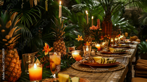 Tropical party table with tiki torches, pineapple centerpieces, and exotic cocktails.