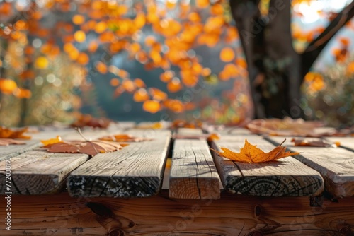 softwood wooden table with Orange Leaves And Blurred Autumn background space banner display or montage your products. photo