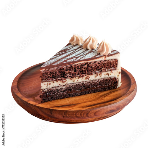 Fruittopped chocolate cake on wooden plate, perfect dessert on a transparent background photo