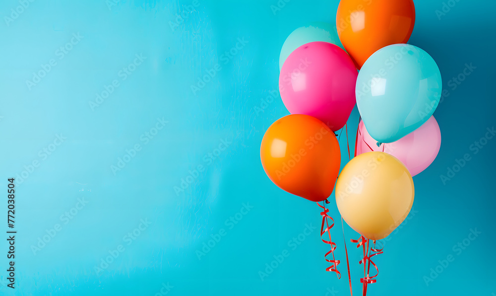 Bunch of bright balloons on blue background, space for text.Generative AI Bunch of bright balloons on blue background, space for text.Generative AI
