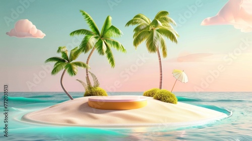 Isolated sandy island with vibrant foliage - A digitally rendered serene tiny island with palm trees and greenery  symbolizing peace and solitude on a surreal sunset backdrop