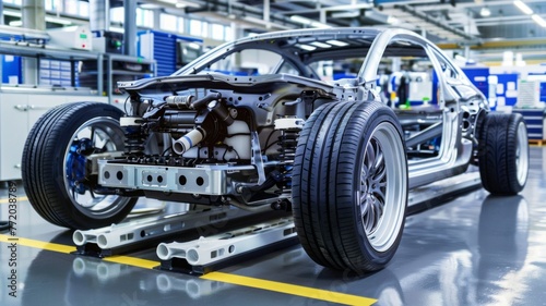 Chassis of a car during the assembly process - The intricate design of a car's chassis highlighted during the advanced stages of its assembly process