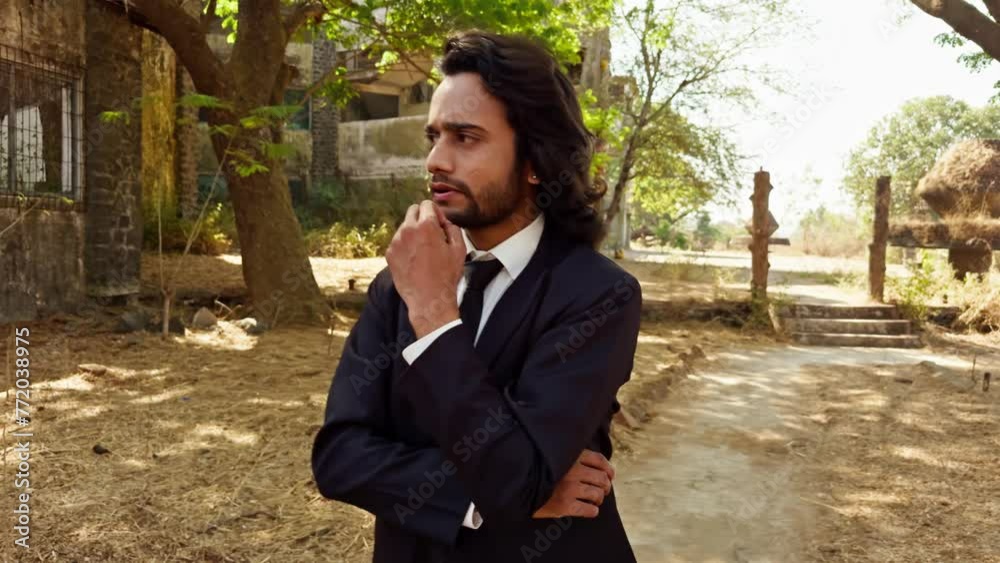 Serious young man in a suit standing outdoors Serious young man in a suit standing outdoors