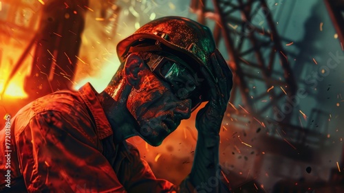 Exhausted worker amidst explosive fire scene - An overworked laborer catches his breath against a backdrop of explosive fire and vibrant sparks