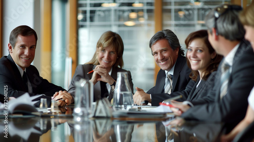 Happy businesspeople having a meeting in a boardroom::