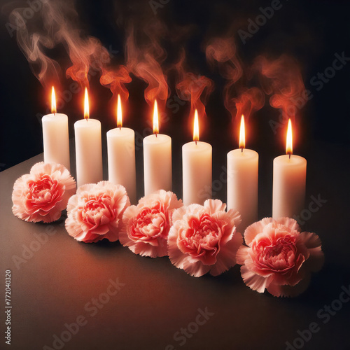Burning candles and carnation flowers on dark background
