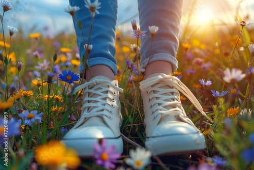 Fototapeta Naklejka Na Ścianę i Meble -  The legs of a girl in white walking shoes on a spring blooming meadow