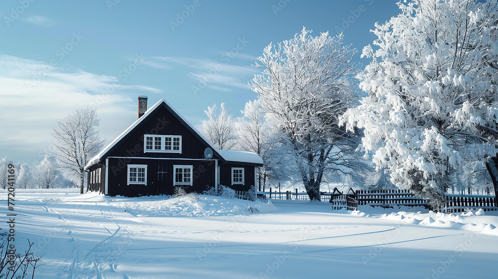 A farmhouse with a striking black exterior contrasting against a snowy winter scene.