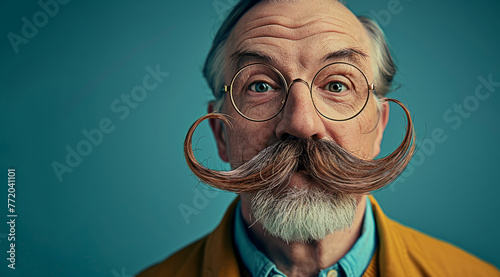 A man with a mustache and glasses is smiling and looking at the camera. a lighthearted and playful mood. a humorous photography of a man with big exaggerated mustache, isolated on flat background