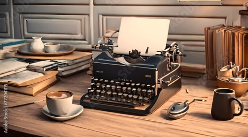 a work room at home with an old typewriter and a cup of coffee on the table. photo