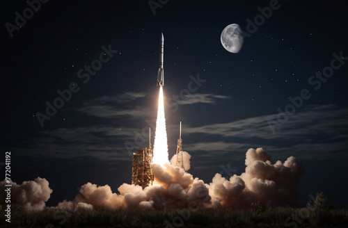 The rocket flies and flies against the background of the moon.
