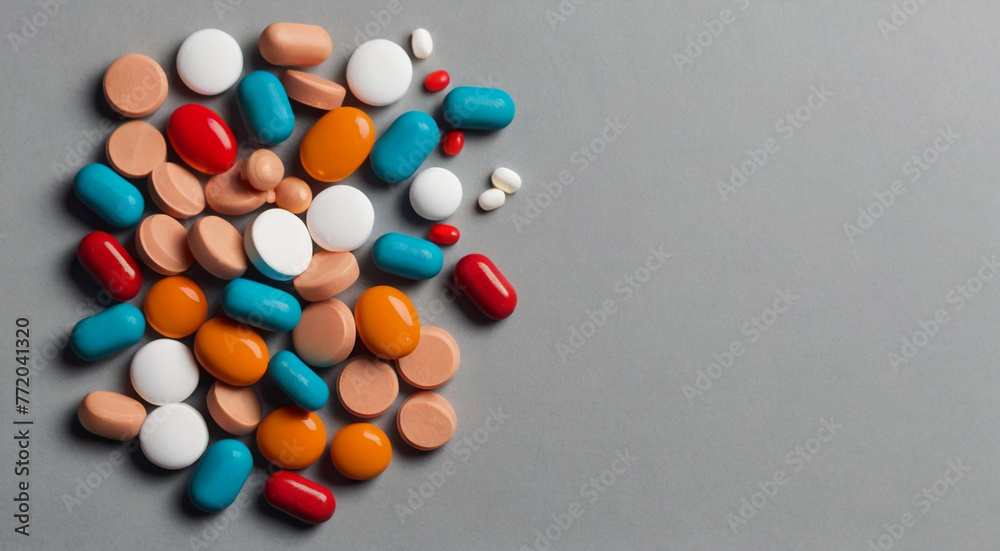Capsules, tablets, pill. Top view, close-up. Drugs and medicine concept