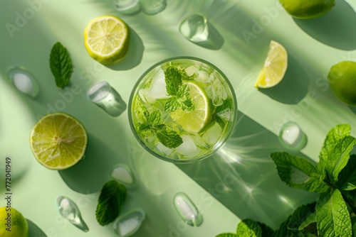 Classic Mojito drink in a highball glass, garnished with mint and lime, bright green background. Flat lay with ingredients, top view, space for text