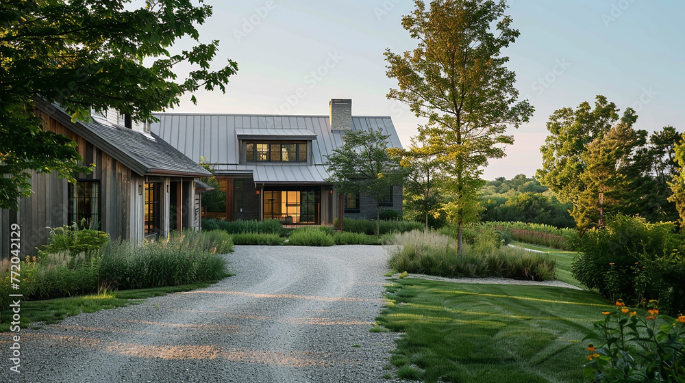 A modern farmhouse with a gravel driveway leading to a secluded retreat.
