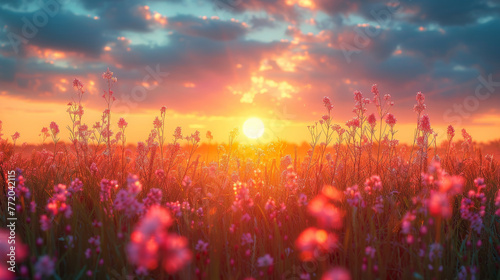 Close-up of a beautiful summer meadow with sun rays in the background
