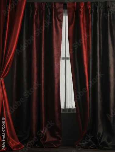 Portrait photo bright burgundy red luxurious elegant silk smooth shiny curtain drapes decor hanging on plain black background from Generative AI