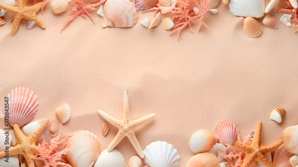 Obraz premium Summer time frame background concept. Seashell, starfish and coral reef on sandy beach with copy space. Top view