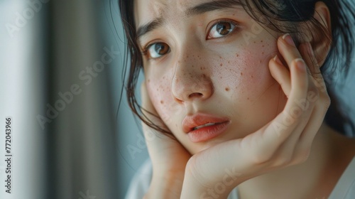 Dermatology concept. worried asian woman with dark spot of melasma