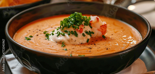 Creamy lobster bisque soup garnished with a dollop of sour cream and chives. photo