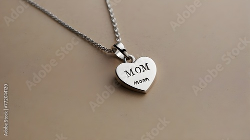 a heart shape pendant with the word 'MOM' on it in the stlye of minimalism photo