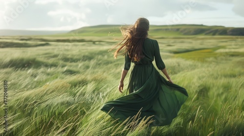 beautiful woman in green dress walking over stormy grass field