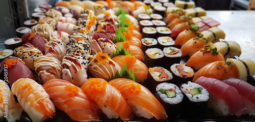 Mouthwatering sushi platter featuring an assortment of nigiri, maki rolls, and sashimi.