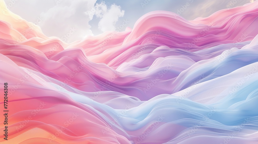 Obraz premium A surreal, calming texture resembling a pastel dreamscape, with slowmoving clouds and soft light, designed to soothe and engage viewers in wellness apps