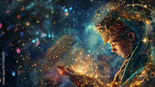An Ariesthemed image featuring a fortune teller amidst stars and symbols, conveying the courage and leadership traits of Aries with mystical elegance Ideal for horoscope insights