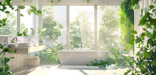 A bright and airy washroom with large windows and fresh greenery. © Abdul