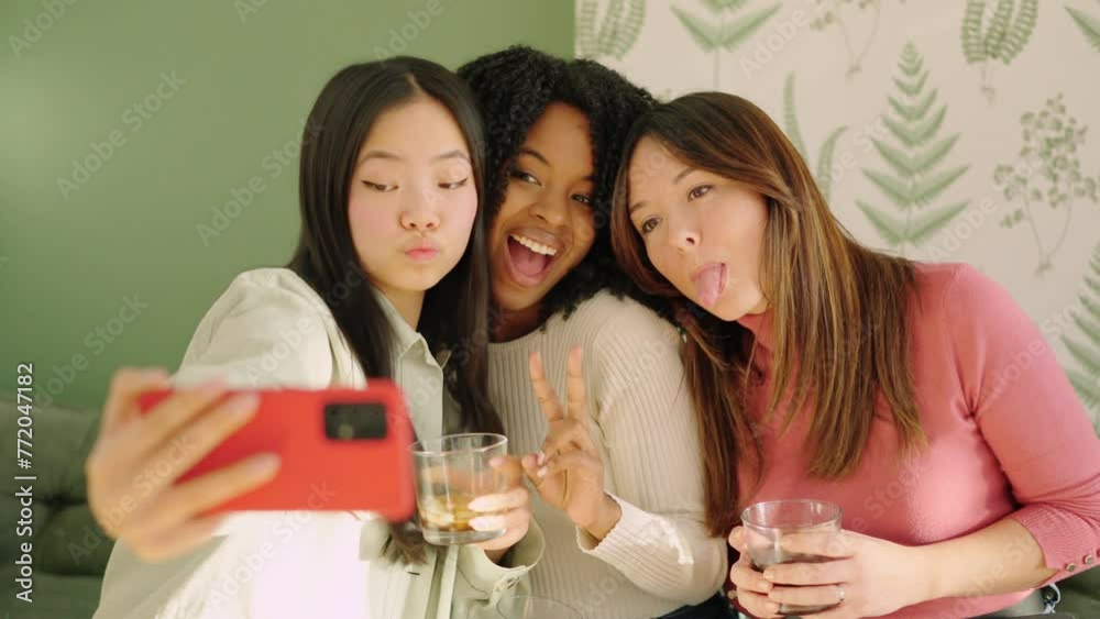 Multiracial women pulling funny faces while taking a selfie indoors Multiracial women pulling funny faces while taking a selfie indoors