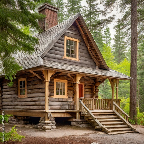 wooden house in the woods.a charming wooden cabin nestled in a picturesque forest setting, featuring a cozy porch, large windows to let in natural light, and rustic details like exposed beams and a st