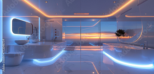 A futuristic washroom with LED lighting and high-tech smart features.