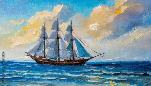Sailing ship at sea. Oil painting picture on canvas with sky, clouds