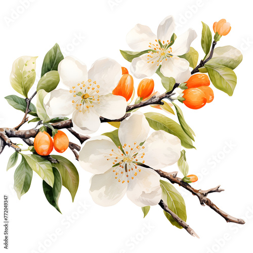 Orange and orange blossom, watercolor clipart .