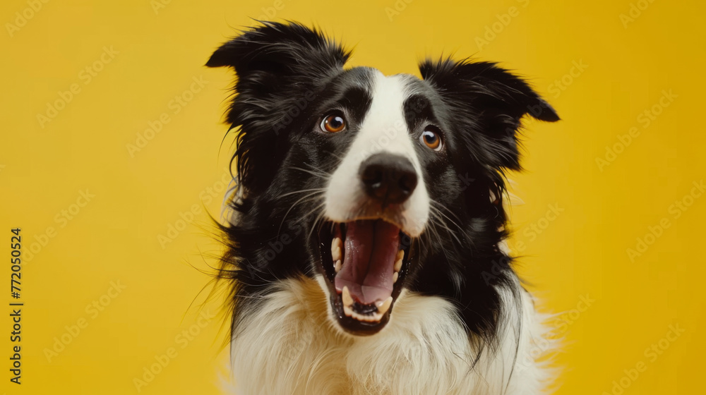 A black and white dog with bright eyes and an open mouth smiles against a yellow background.