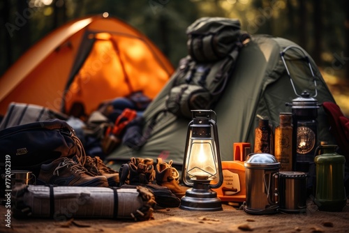 Camping Gear Arrangement: Close-up of well-arranged camping gear. photo