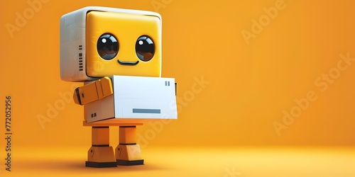 Friendly Packaging Robot Character in Render with Copy space and Minimal Orange Background