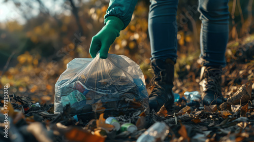 Legs walking and a hand holding a clear plastic bag filled with trash in a forest during fall.