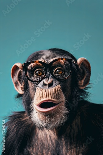 Very surprised. chimpanzees wear glasses on a bright blue background. generative ai